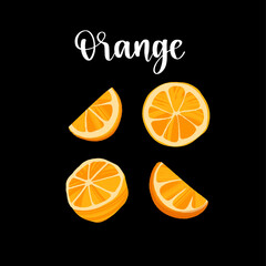 Delicious fresh oranges, whole and sliced fruits. Healthy nutrition product.