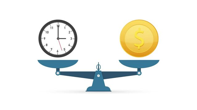Time is money on scales icon. Money and time balance on scale. Motion graphics