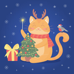 Festive xmas card with cute cat, Christmas tree, gift.