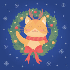 Cute red cat in a Christmas wreath with balls, stars and bow.