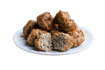 Chicken kofta meatballs mixed with ingredients of onions, garlic fresh herbs and spices mixture on white background
