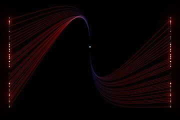 3d render illustration of connected lines. Data analysis concept. Blue orange wires. - 454373223