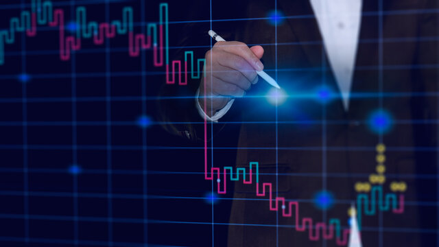 Businessman point virtual interface panel of global logistics network distribution and transportation, Smart logistics, Innovation future of transport on large warehouse center background