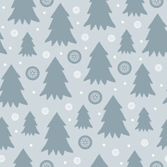 Obraz premium Cute winter seamless pattern with cartoon Christmas trees and snowflakes in flat style on grey-blue background. Modern simple vector illustration
