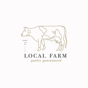Vector design linear template logo or emblem - farm cow. Abstract symbol for meat shop or butchery.