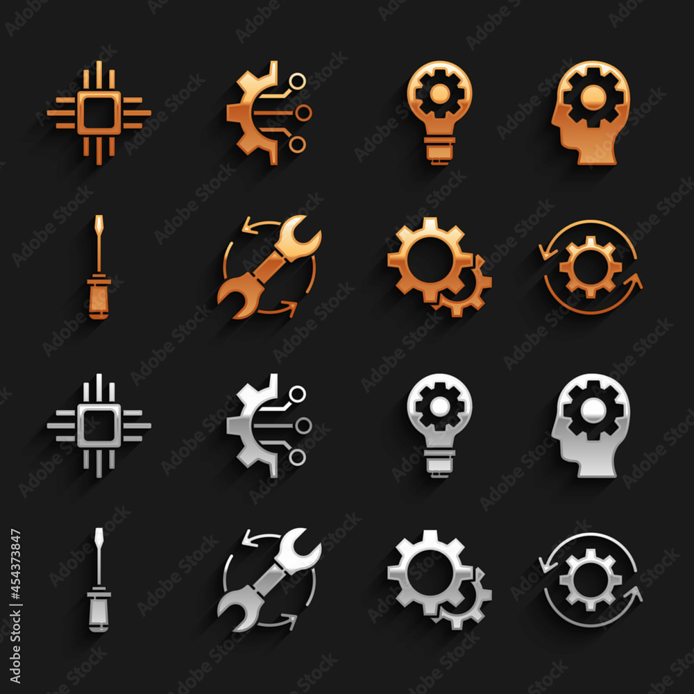 Poster set wrench and arrows as workflow, human head with gear inside, gear, screwdriver, light bulb, proce