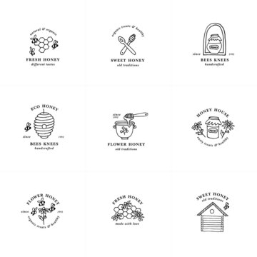 Vector set illustartion logos and design templates or badges. Organic and eco honey labels and tags with bees. Linear style.