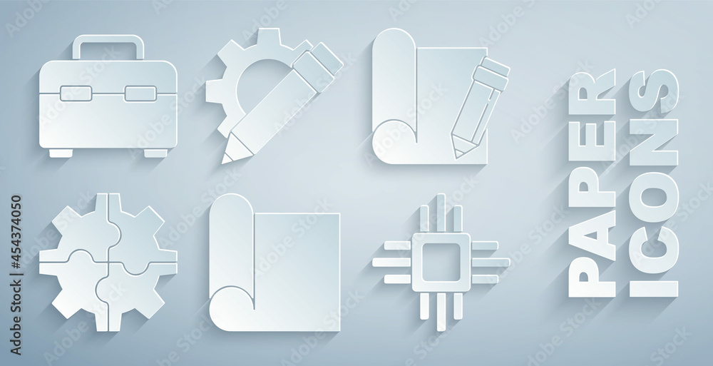 Poster set graphing paper for engineering, and pencil, gear, processor with microcircuits cpu, pencil gear 