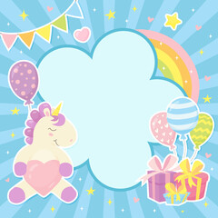 Cute frame with little unicorn, rainbow, gifts, baloons.