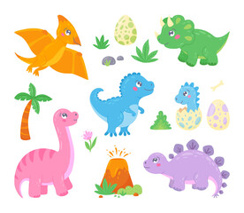 Set of cute colorful little dinosaurs and prehistoric elements