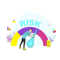 Concept of risk on speedometer is high, medium, low. Man manages risk in business or life. Flat vector illustration.