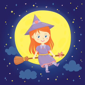 Cute little witch flying on a broomstick