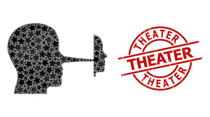 Liar mask star mosaic and grunge Theater seal. Red imprint with grunge style and Theater slogan inside circle. Abstract liar mask mosaic is created with random flat star items.