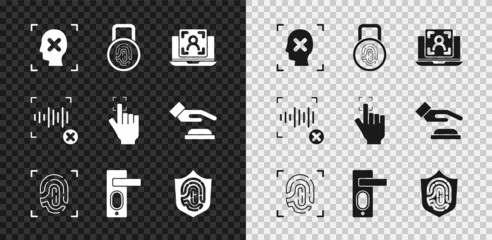 Set Rejection face recognition, Fingerprint with lock, Laptop, door, shield, voice and icon. Vector
