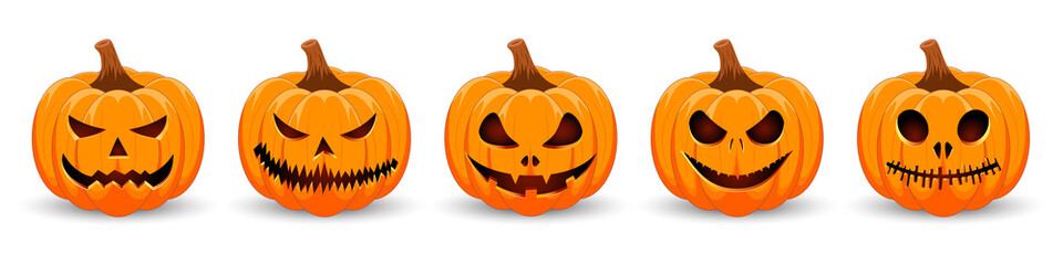 Set pumpkin on white background. The main symbol of the Happy Halloween holiday. Orange pumpkin with smile for your design for the holiday Halloween.