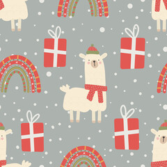 Seamless Christmas pattern with llama, rainbow and gifts Christmas ornament with red and green color, vector illustration Digital paper