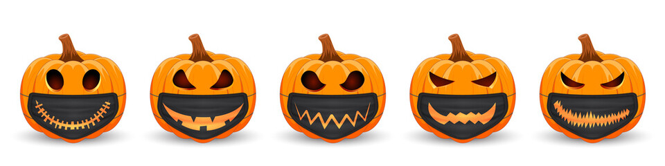 Set Pumpkin with black medical mask with scary smile. The main symbol of the Happy Halloween holiday. Orange pumpkin with smile for your design for the holiday Halloween.