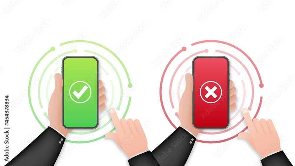 Poster hands holding smartphones with checkmarks set. tick and cross check marks. motion graphics