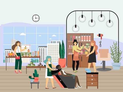 Cosmetics store. Happy women shopping for hair care products, flat vector illustration. Beauty retail.