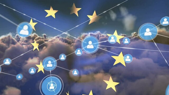 Animation of network of connections of icons with people over european union flag and clouds - Powered by Adobe