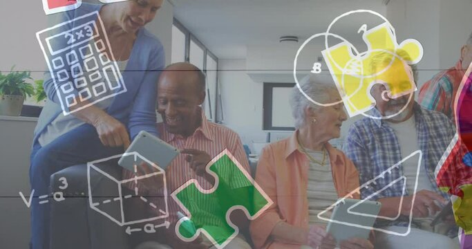 Animation of colourful puzzle pieces and school items over senior friends using electronic devices