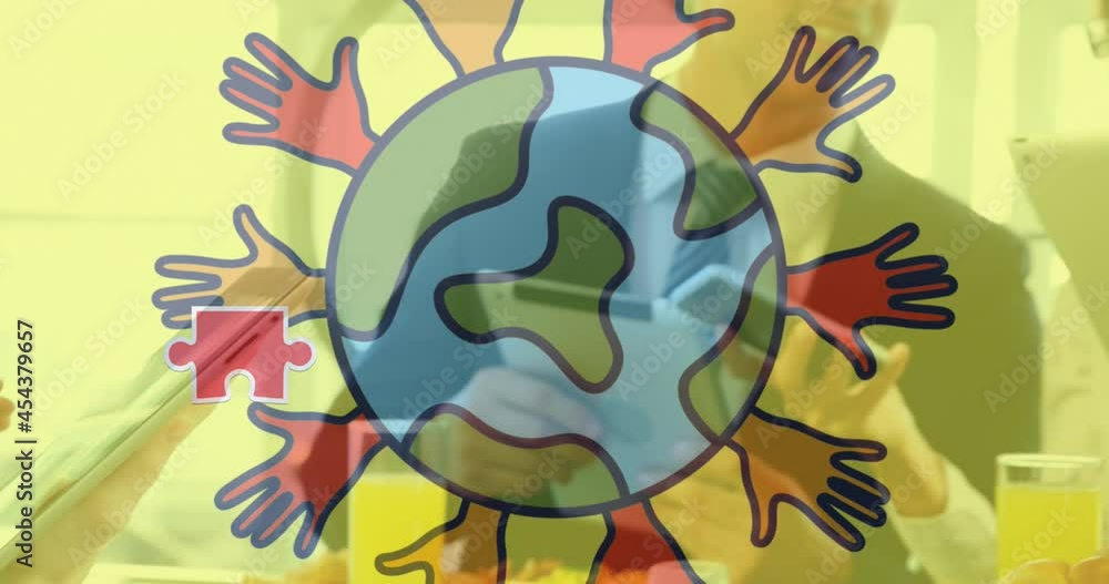 Poster animation of colourful puzzle pieces and globe with hands over business people using digital devices