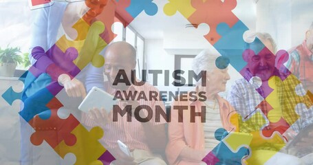 Animation of colourful puzzle pieces and autism text over senior friends using electronic devices - Powered by Adobe