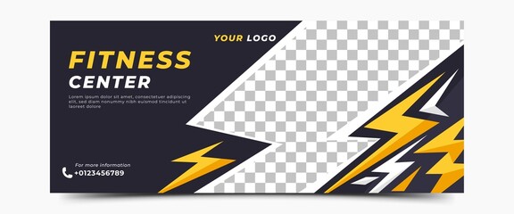 Fitness and gym horizontal banner cover design. Modern banner with geometric shape elements.