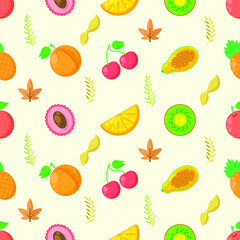 Seamless Pattern Abstract Elements Fruits Food With Leaves Vector Design Style Background Illustration Texture For Prints Textiles, Clothing, Gift Wrap, Wallpaper, Pastel