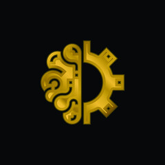 Brain gold plated metalic icon or logo vector