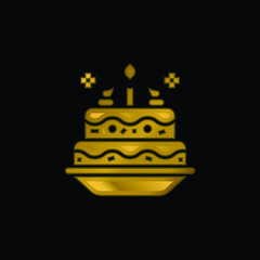Birthday Cake gold plated metalic icon or logo vector