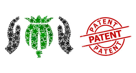 Poppy care hands star pattern and grunge Patent badge. Red stamp with grunge surface and Patent caption inside circle. Abstract poppy care hands collage is organized with randomized flat star icons.