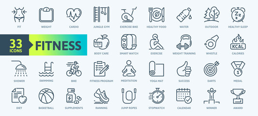 Fototapeta na wymiar Web Set of Fittness Vector Thin Line Icons. Contains such Icons as Healthy Lifestyle, Weight Training, Body care and more. Outline icons collection. Simple vector illustration.