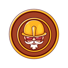 Worker man icon with orange helmet and beard isolated on white background. 1 may Labor day icon or sign with funky man