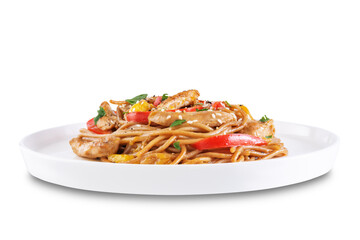 Buckwheat pasta with chicken, mango and red pepper in a plate on a white isolated background