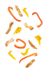 Chicken, mango and red pepper in a plate on a white isolated background