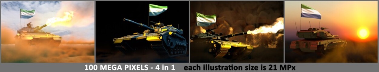 Sierra Leone army concept - 4 highly detailed pictures of tank with fictional design with Sierra Leone flag and free place for your text, military 3D Illustration