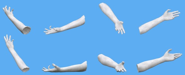 Set of white concrete statue hand detailed renders isolated on blue, lights and shadows distribution example for artists or painters - 3d illustration of objects