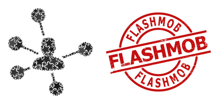 Social links star pattern and grunge Flashmob seal stamp. Red seal with grunge style and Flashmob word inside circle.