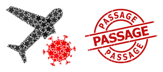 Infected airplane star mosaic and grunge Passage seal. Red seal with grunge surface and Passage slogan inside circle. Abstract infected airplane composition is composed from random flat star elements.