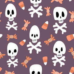 cute halloween seamless vector pattern background illustration with candy corn, candies and skulls with bones
