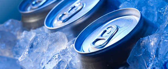 3 drink tin can iced submerged in frost ice, metal aluminum beverage