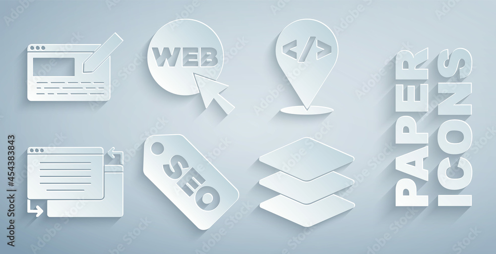 Poster set seo optimization, front end development, ui or ux design, layers, web and graphic and icon. vect