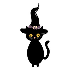 cute cartoon character black cat with witch hat halloween vector illustration