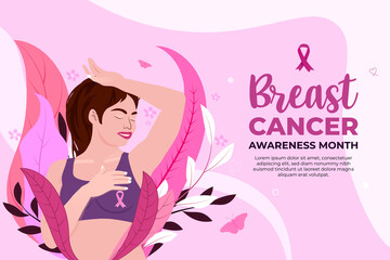 International day against breast cancer. Breast cancer awareness month October, Hand drawn flat portrait illustration Pink background