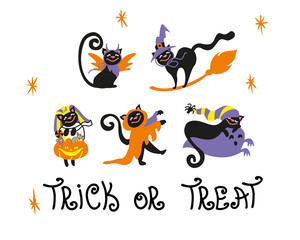 Halloween cat,  set ilustraciones for halloween, trick or treat