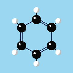 Benzene molecule. Ball-rod model. Flat style, vector illustration.