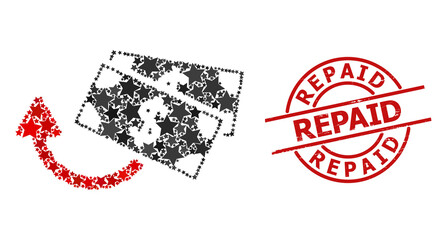 Dollar banknotes refund star pattern and grunge Repaid seal stamp. Red stamp with grunge texture and Repaid tag inside circle.