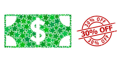 Dollar banknote star mosaic and grunge 30% Off seal stamp. Red seal with rubber texture and 30% Off caption inside circle. Abstract dollar banknote collage is composed with randomized flat star parts.