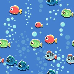 Naklejka na ściany i meble Funny funny fish. The bottom of the reservoir. Sea ocean. Bubbles. Underwater landscape with plants, algae and corals. Seamless. Illustration in cartoon style. Flat design. Vector art